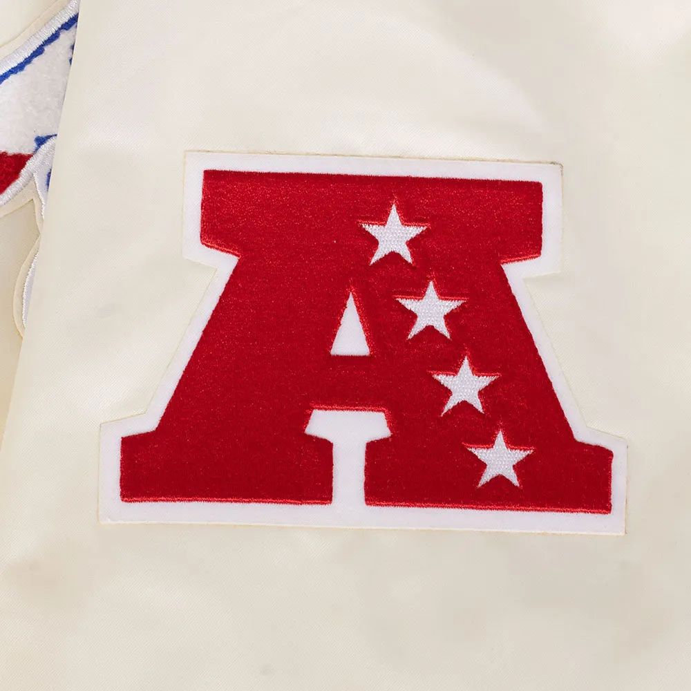 NFL NEW ENGLAND PATRIOTS RETRO CLASSIC MEN'S RIB SATIN JACKET (EGGSHELL/ ROYAL BLUE)