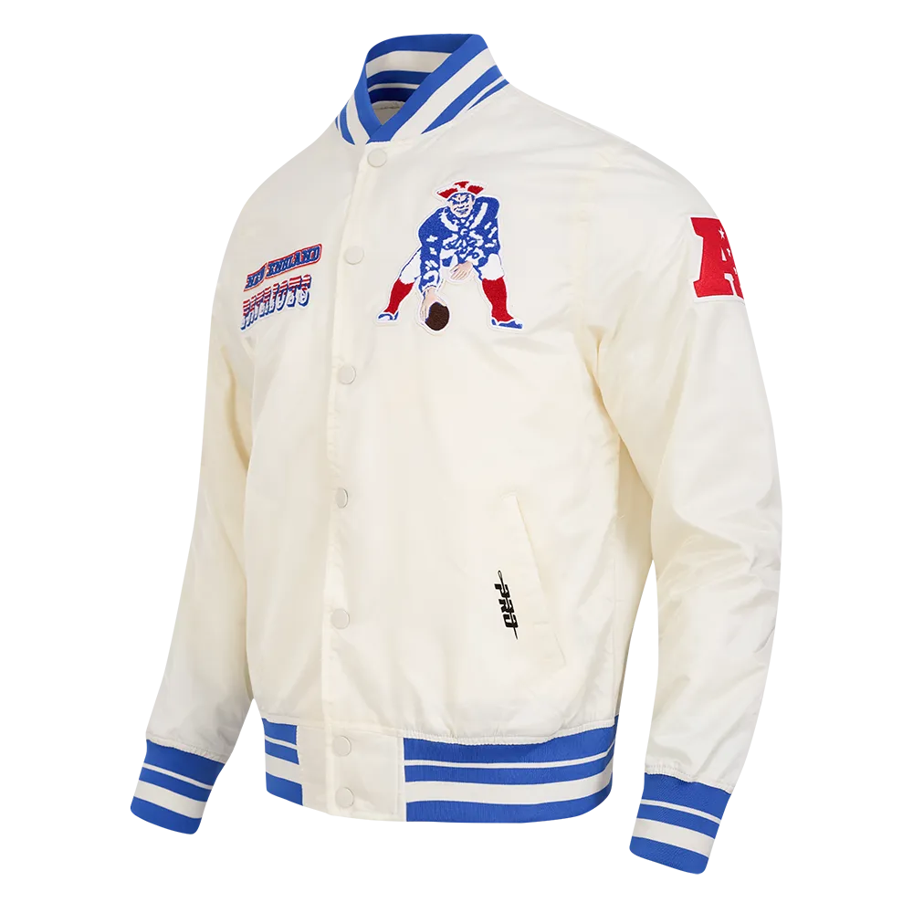 NFL NEW ENGLAND PATRIOTS RETRO CLASSIC MEN'S RIB SATIN JACKET (EGGSHELL/ ROYAL BLUE)