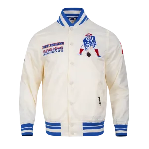 NFL NEW ENGLAND PATRIOTS RETRO CLASSIC MEN'S RIB SATIN JACKET (EGGSHELL/ ROYAL BLUE)