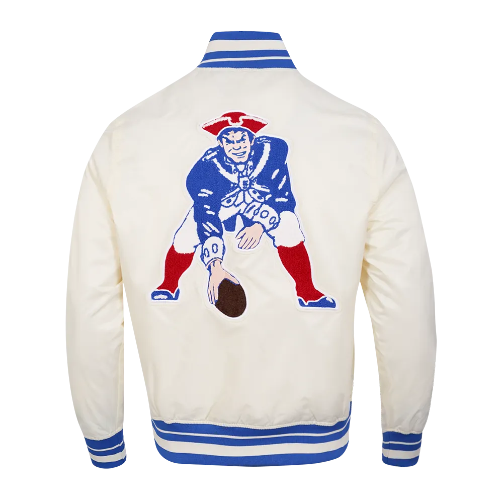 NFL NEW ENGLAND PATRIOTS RETRO CLASSIC MEN'S RIB SATIN JACKET (EGGSHELL/ ROYAL BLUE)