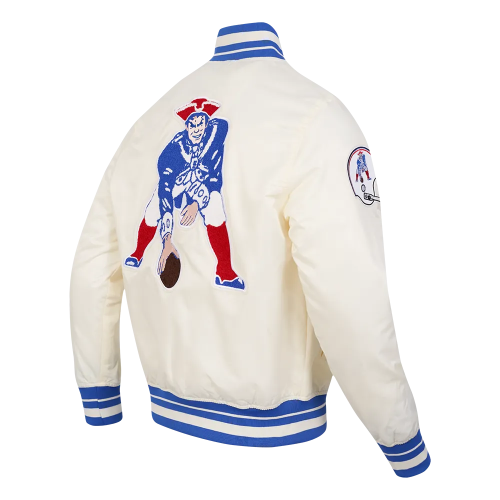 NFL NEW ENGLAND PATRIOTS RETRO CLASSIC MEN'S RIB SATIN JACKET (EGGSHELL/ ROYAL BLUE)
