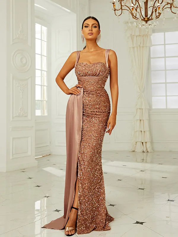 Nvuvu Glowing Review Iridescent Coffee Sequin Silk Belt Maxi Dress