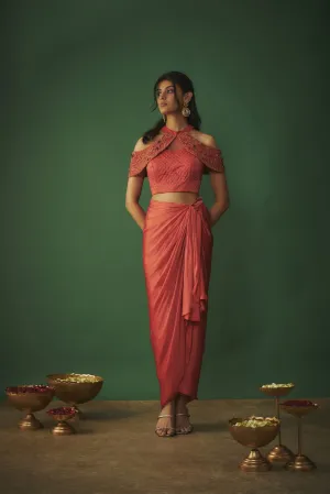 ORANGE EMBROIDERED TOP AND DRAPED SKIRT SET