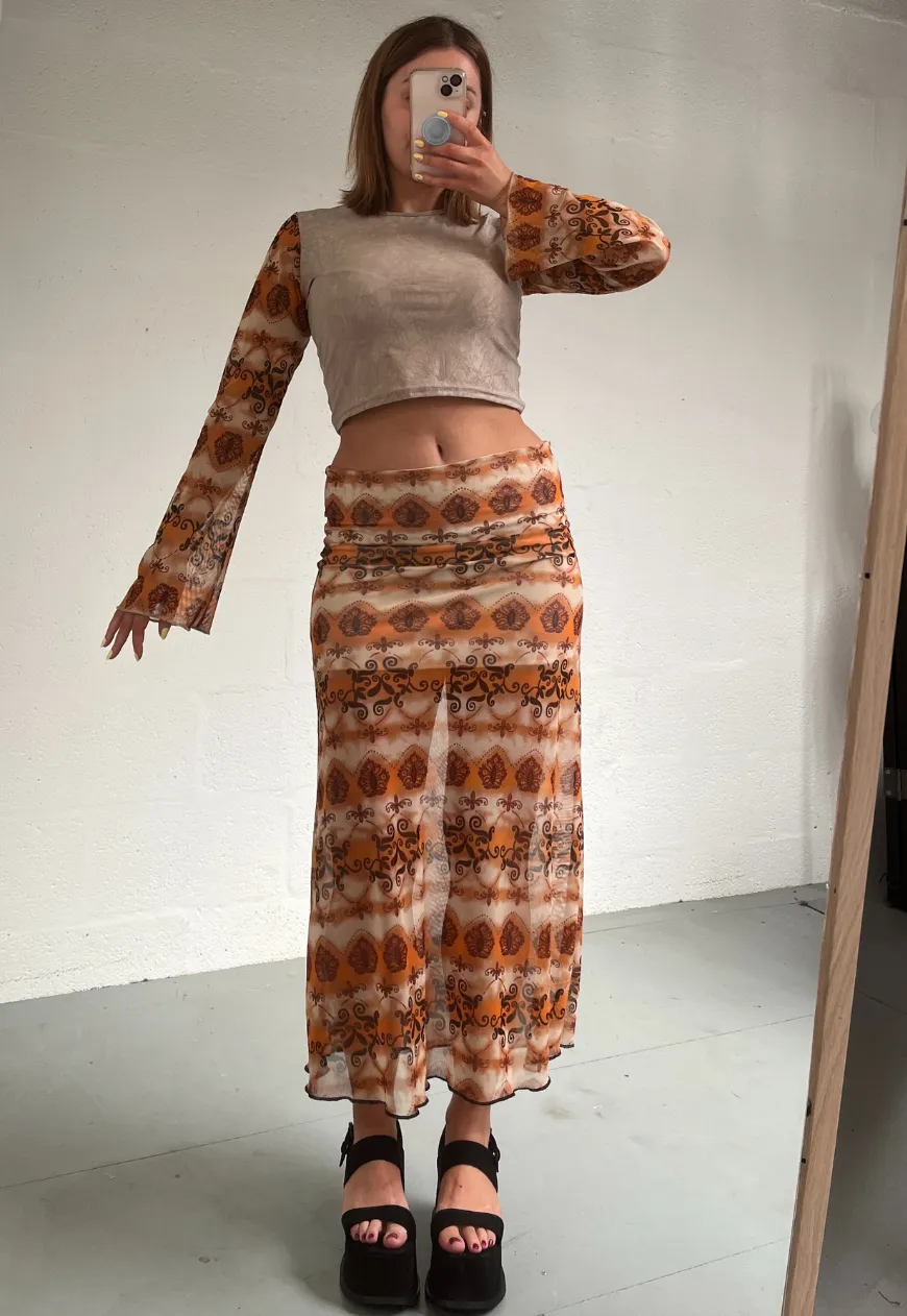 ORANGE GRUNGE HALF LINED MESH SKIRT