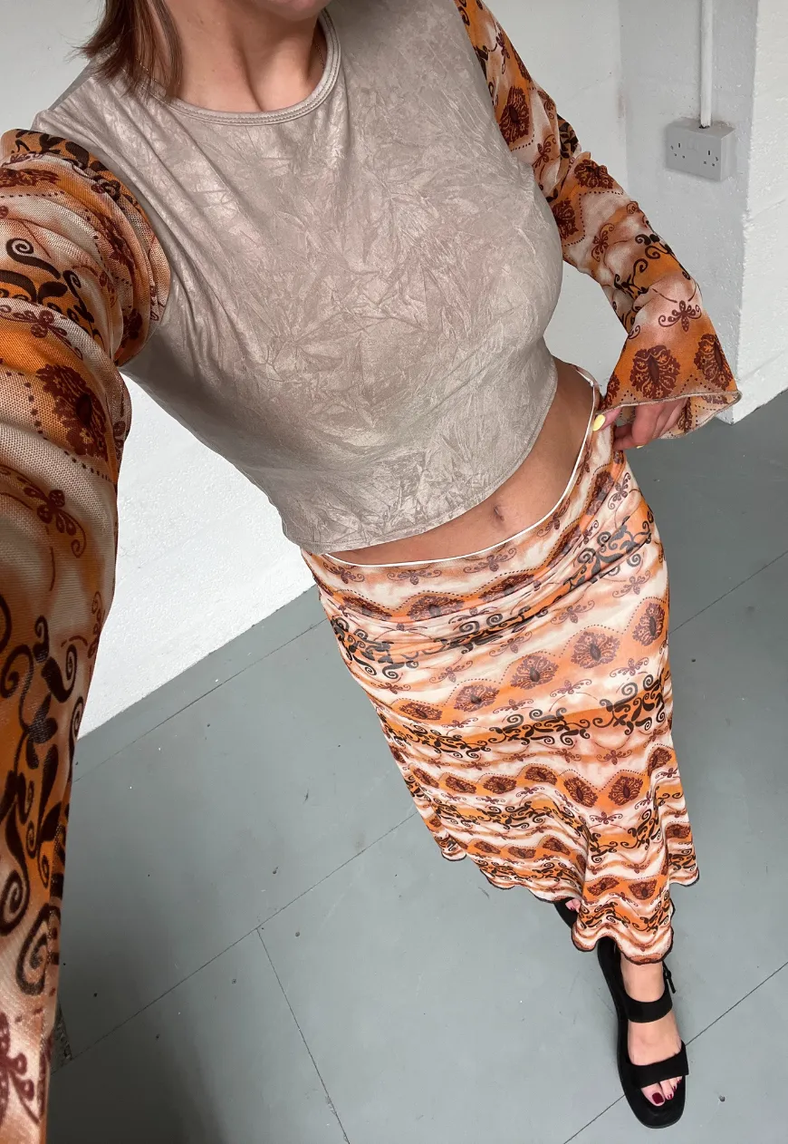 ORANGE GRUNGE HALF LINED MESH SKIRT