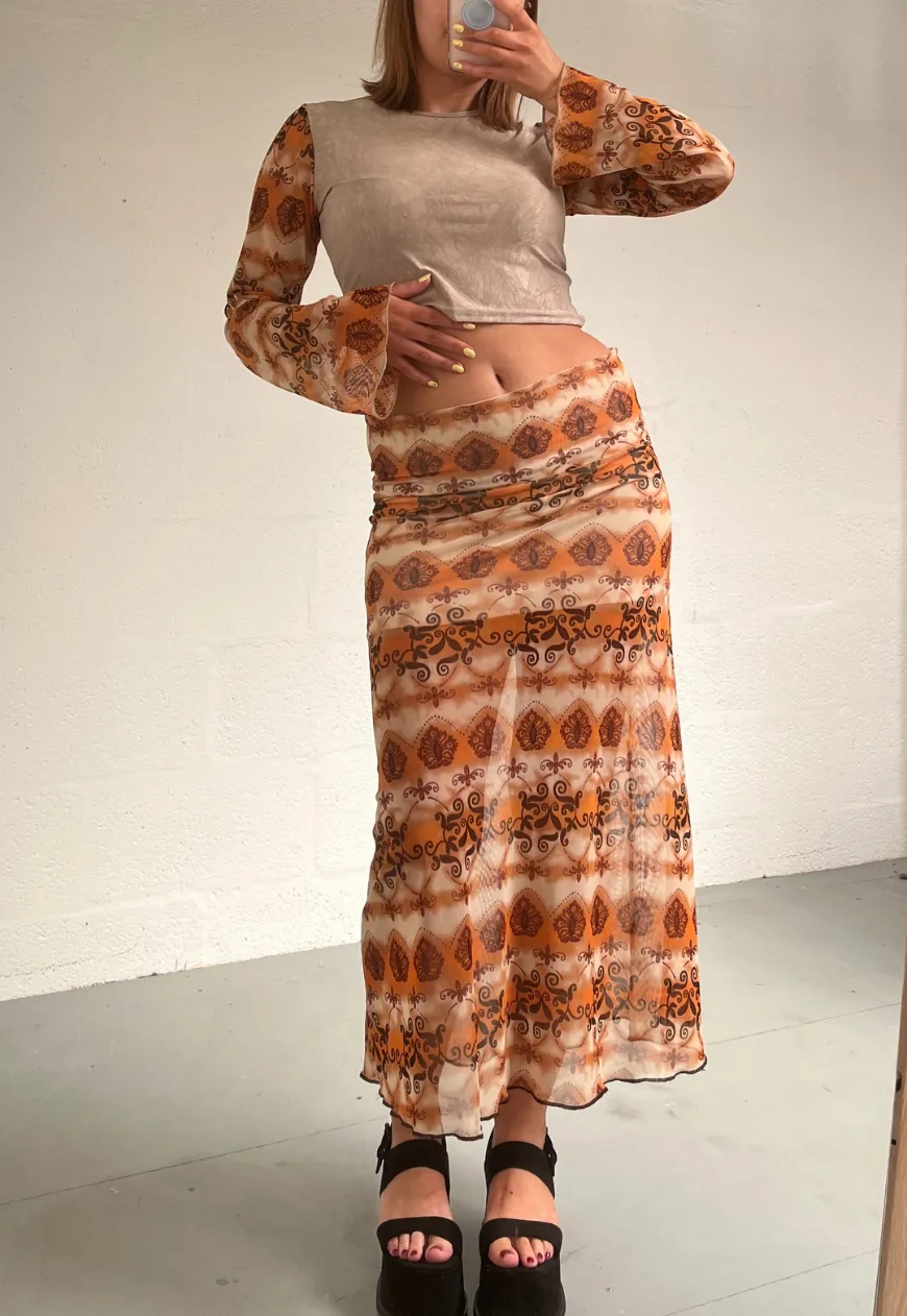 ORANGE GRUNGE HALF LINED MESH SKIRT
