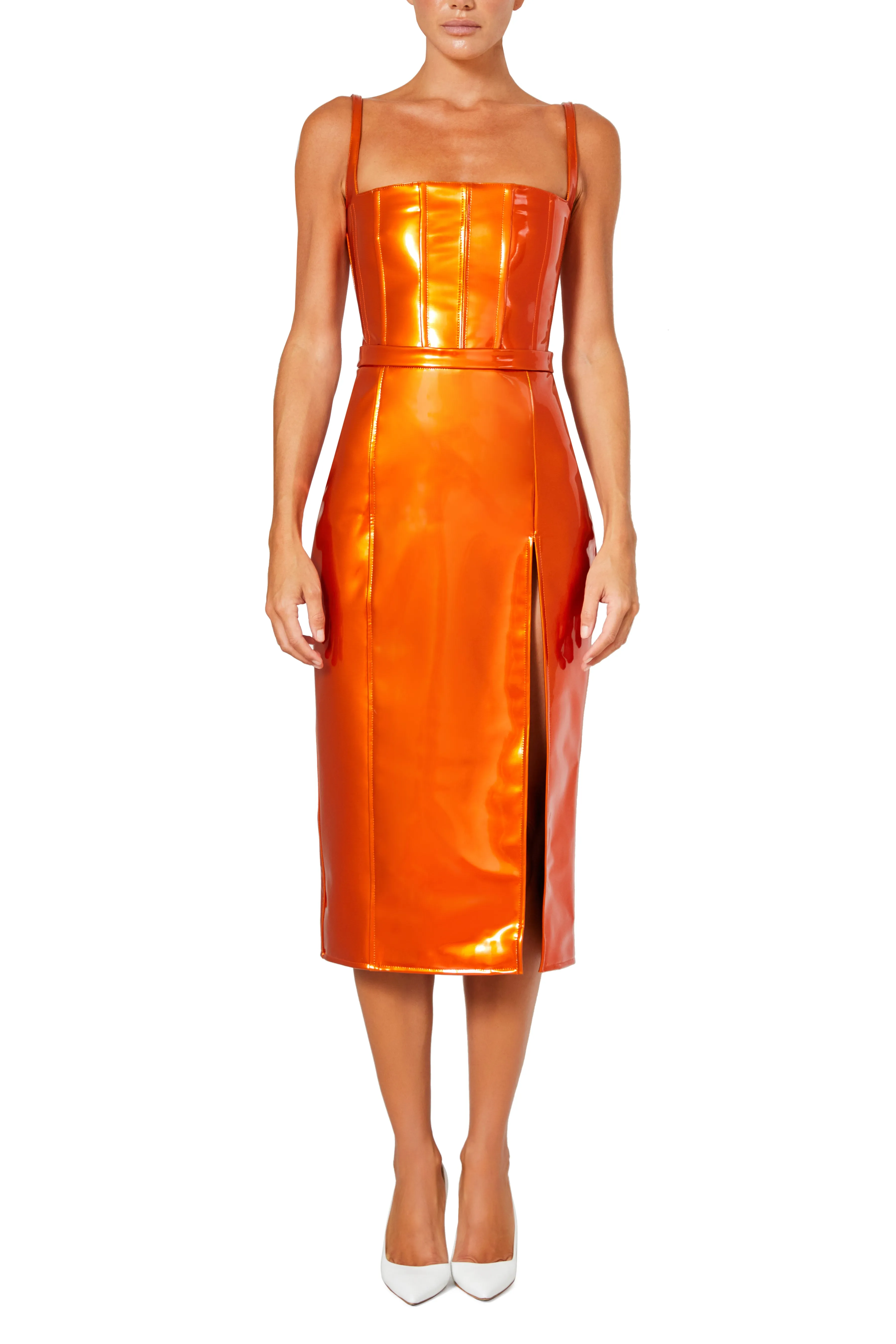 Orange Slit PVC Pencil Skirt