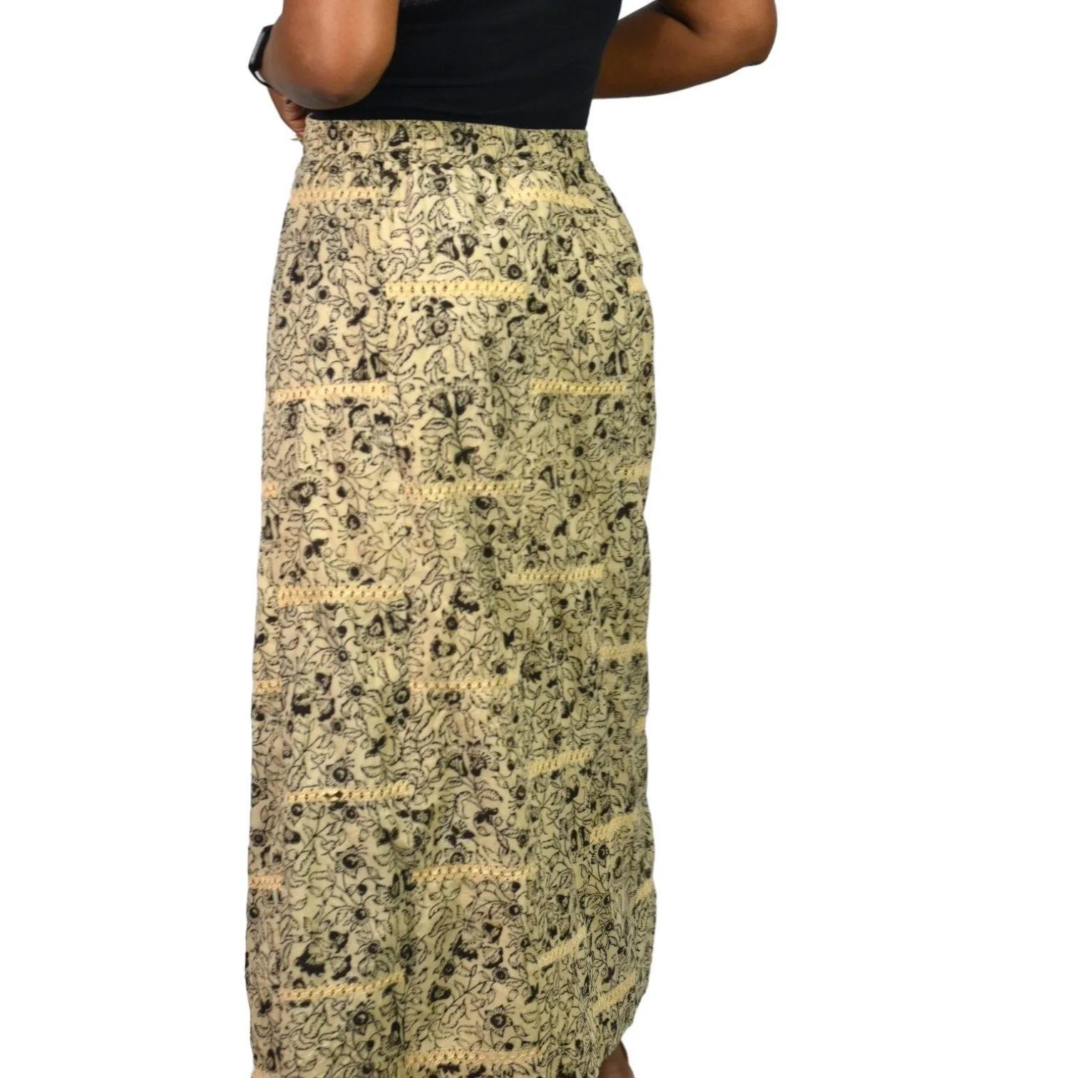 Orvis Maxi Skirt Tan Floral Print Embroidery Lace High Waist Elastic Waist Pull On Cotton Size Large
