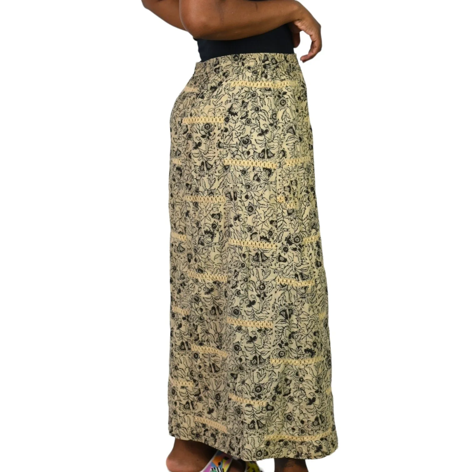 Orvis Maxi Skirt Tan Floral Print Embroidery Lace High Waist Elastic Waist Pull On Cotton Size Large