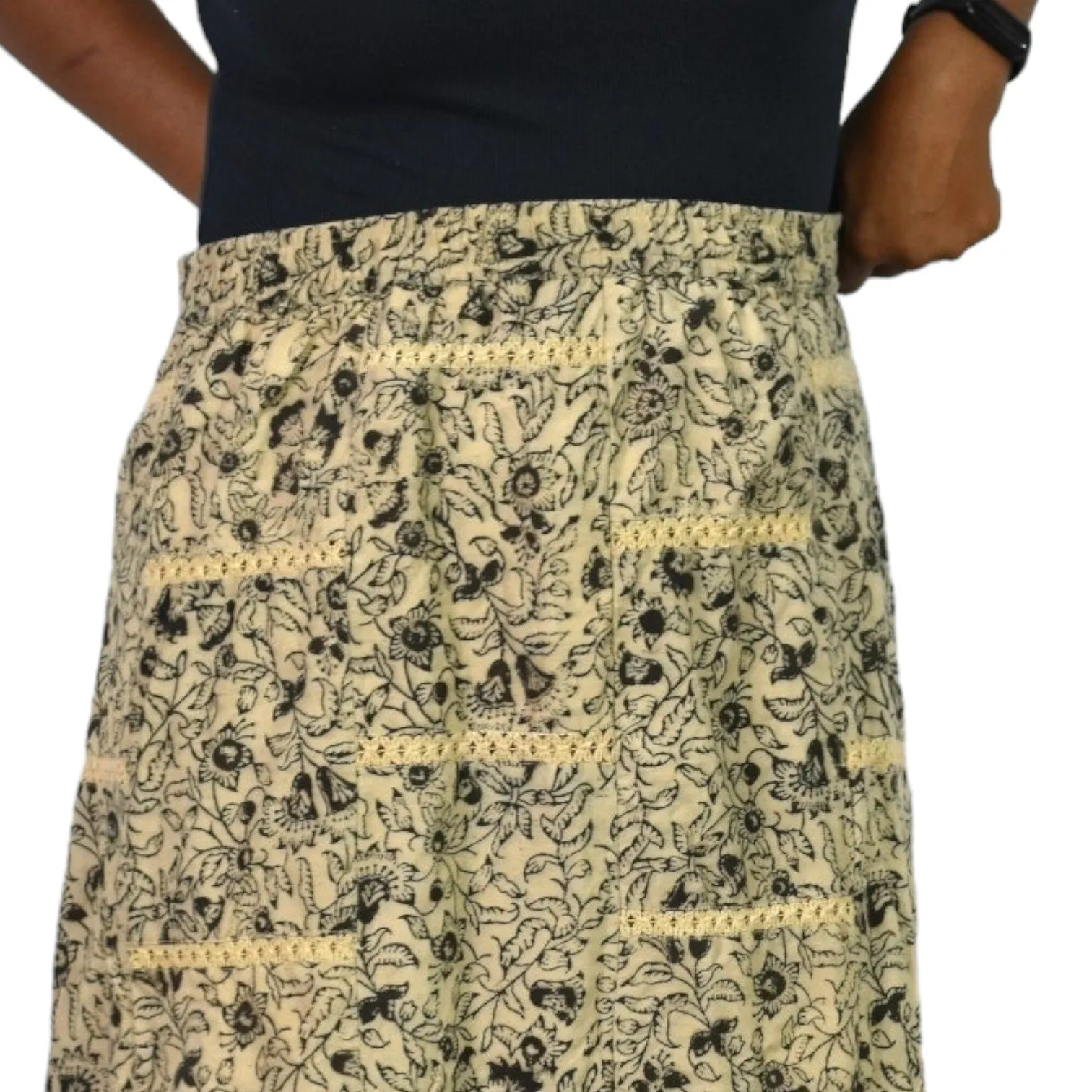 Orvis Maxi Skirt Tan Floral Print Embroidery Lace High Waist Elastic Waist Pull On Cotton Size Large