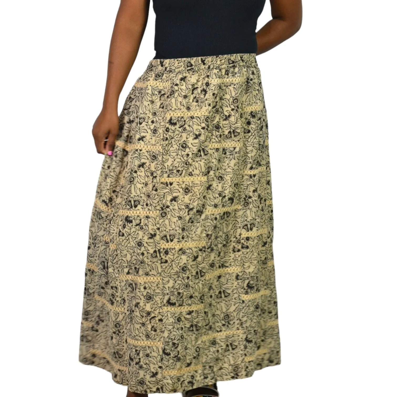 Orvis Maxi Skirt Tan Floral Print Embroidery Lace High Waist Elastic Waist Pull On Cotton Size Large