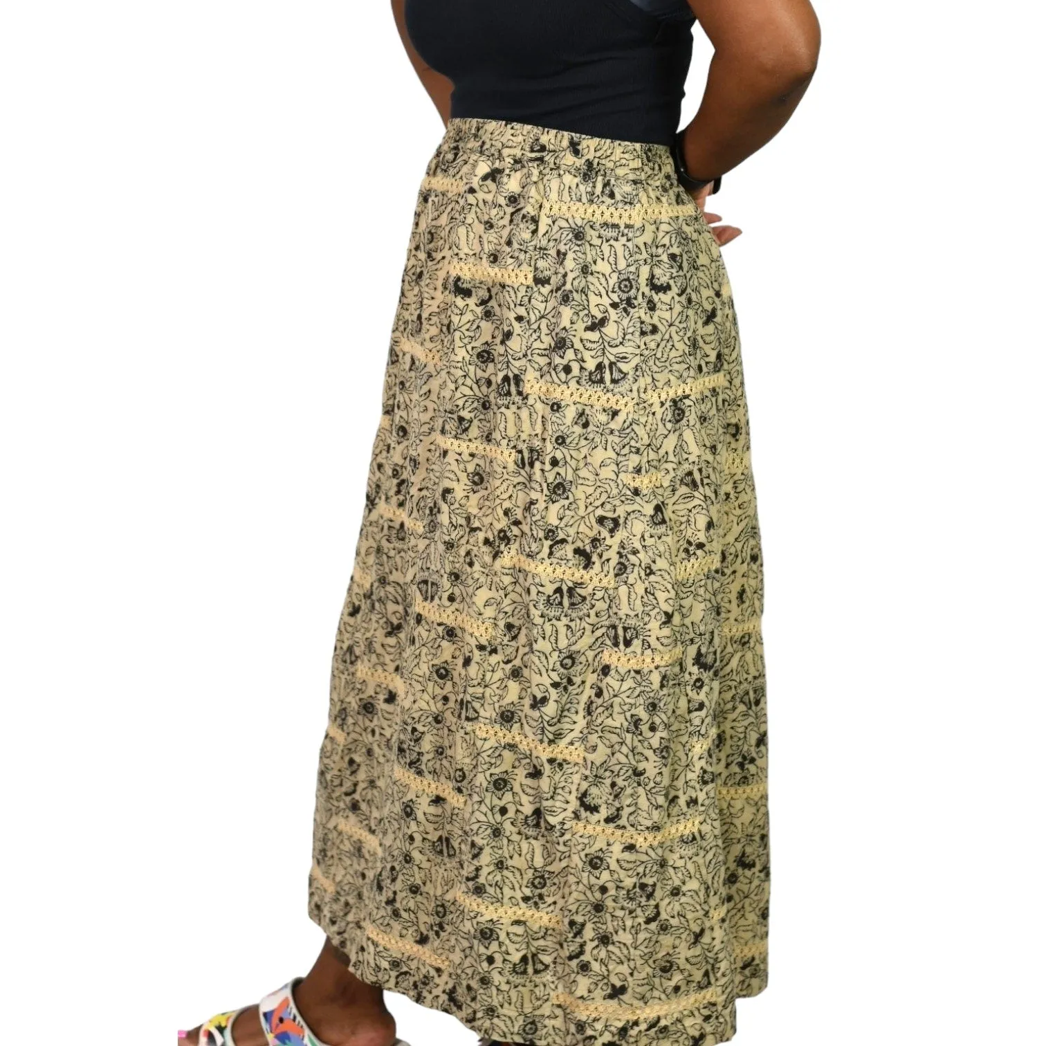 Orvis Maxi Skirt Tan Floral Print Embroidery Lace High Waist Elastic Waist Pull On Cotton Size Large