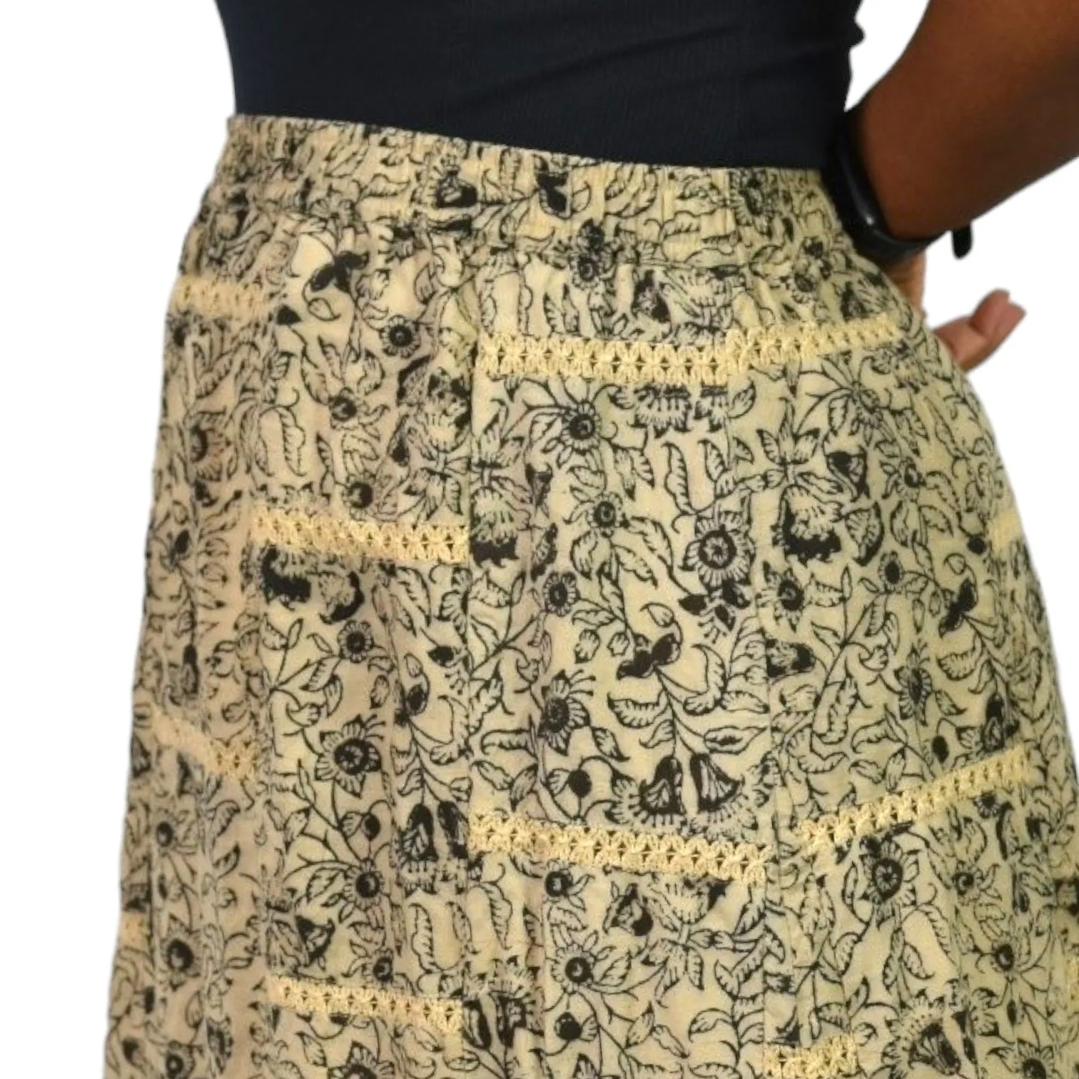 Orvis Maxi Skirt Tan Floral Print Embroidery Lace High Waist Elastic Waist Pull On Cotton Size Large
