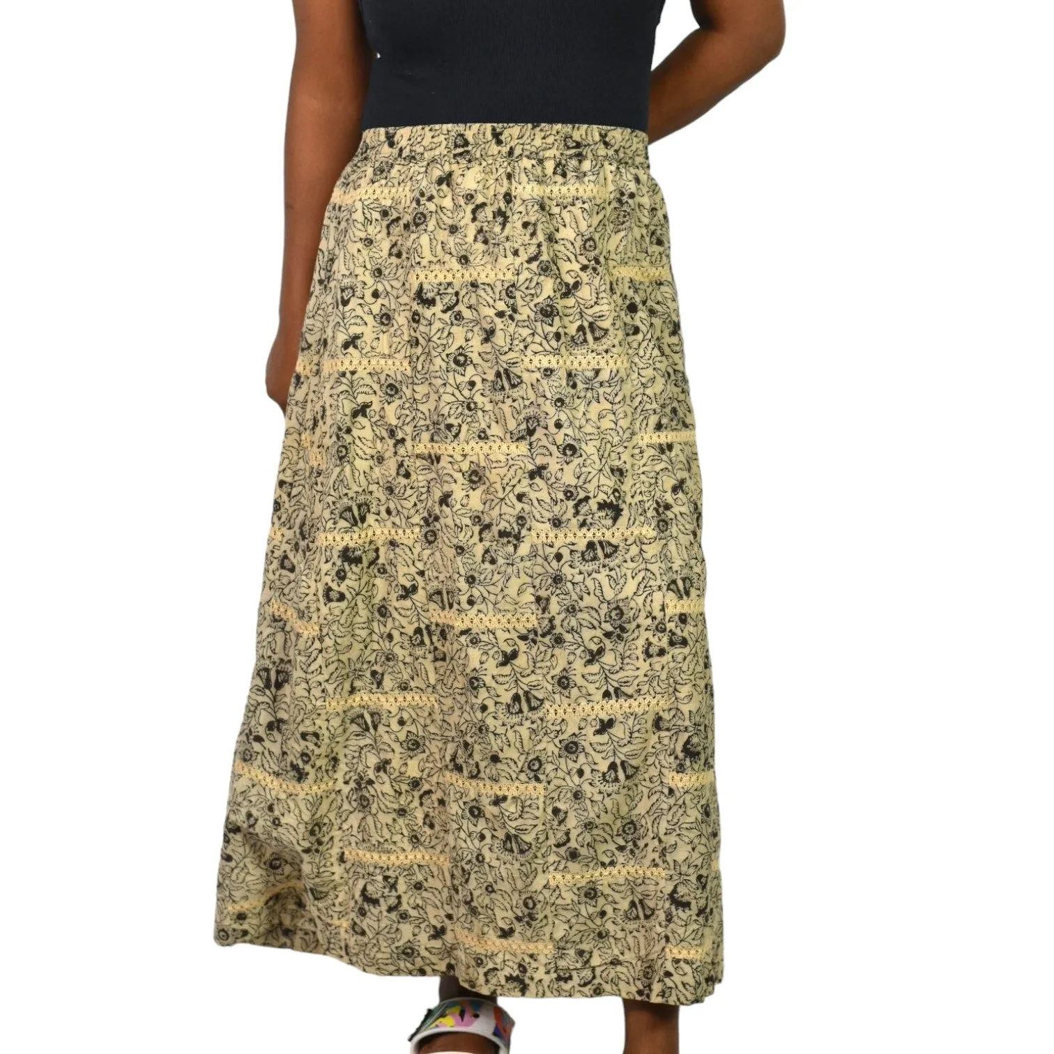 Orvis Maxi Skirt Tan Floral Print Embroidery Lace High Waist Elastic Waist Pull On Cotton Size Large