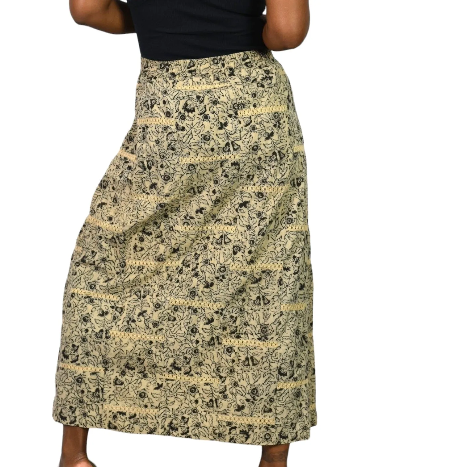 Orvis Maxi Skirt Tan Floral Print Embroidery Lace High Waist Elastic Waist Pull On Cotton Size Large
