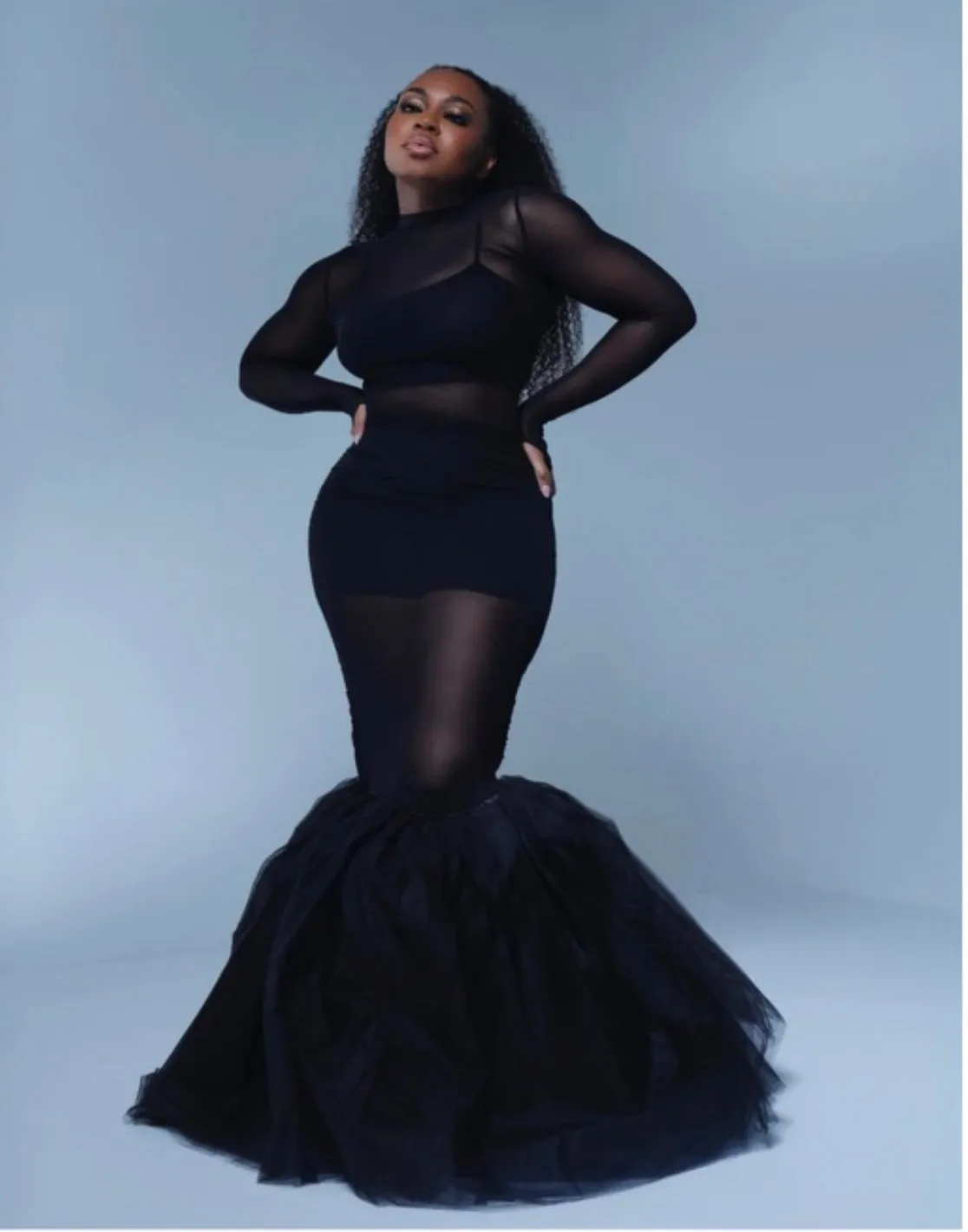 Oyemwen Black Tulle Sheer Mermaid Maxi Dress