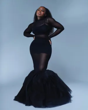 Oyemwen Black Tulle Sheer Mermaid Maxi Dress