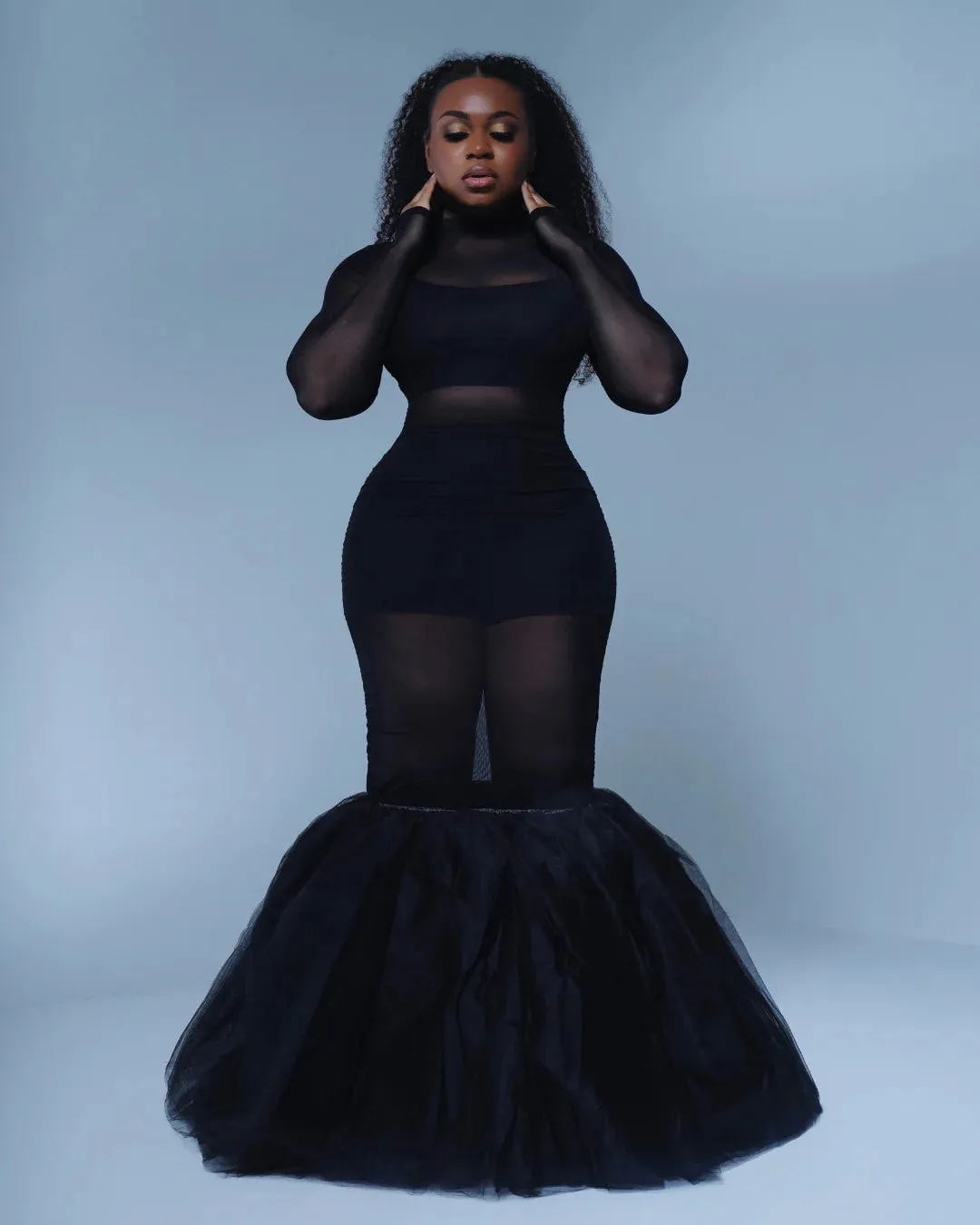 Oyemwen Black Tulle Sheer Mermaid Maxi Dress