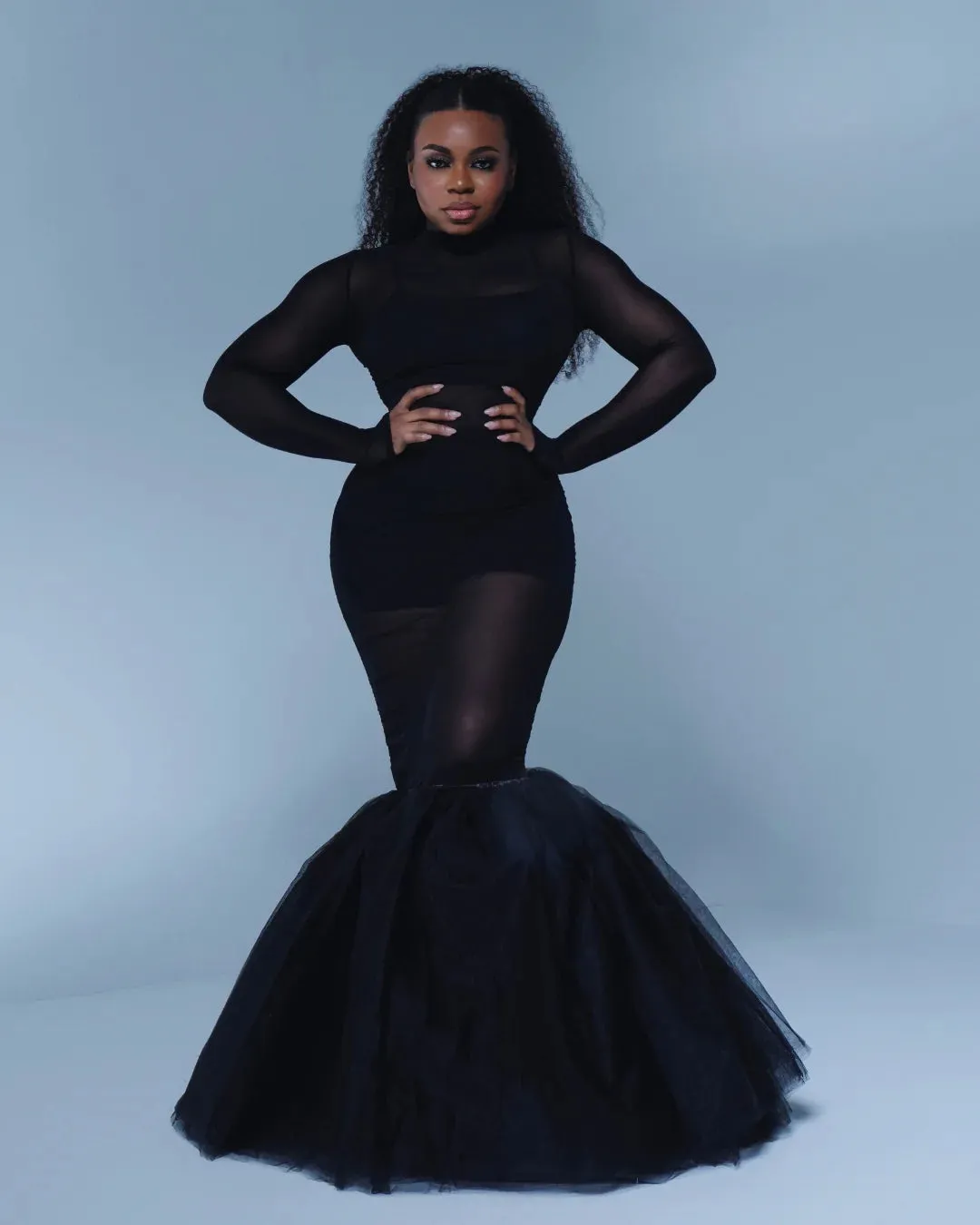Oyemwen Black Tulle Sheer Mermaid Maxi Dress