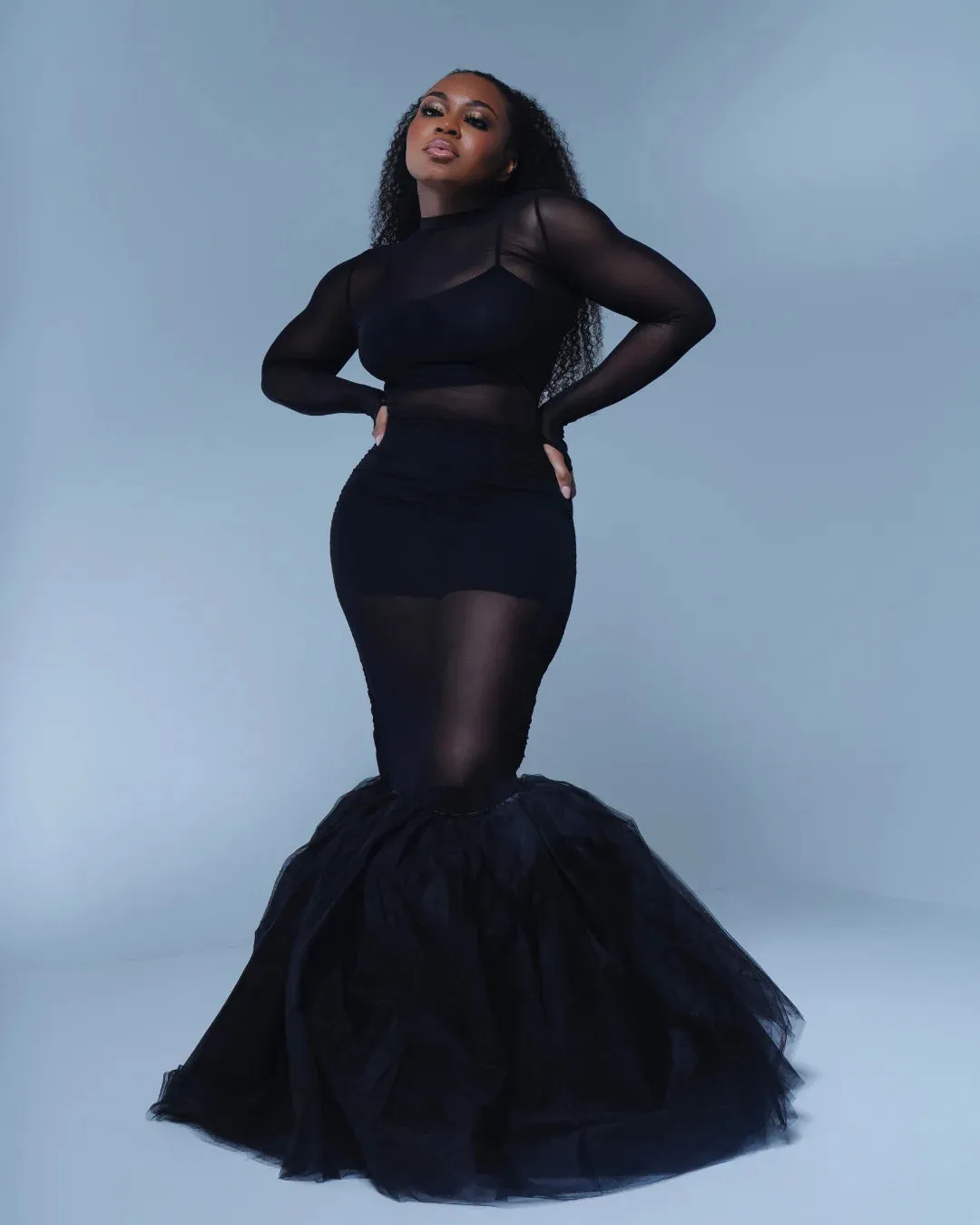 Oyemwen Black Tulle Sheer Mermaid Maxi Dress