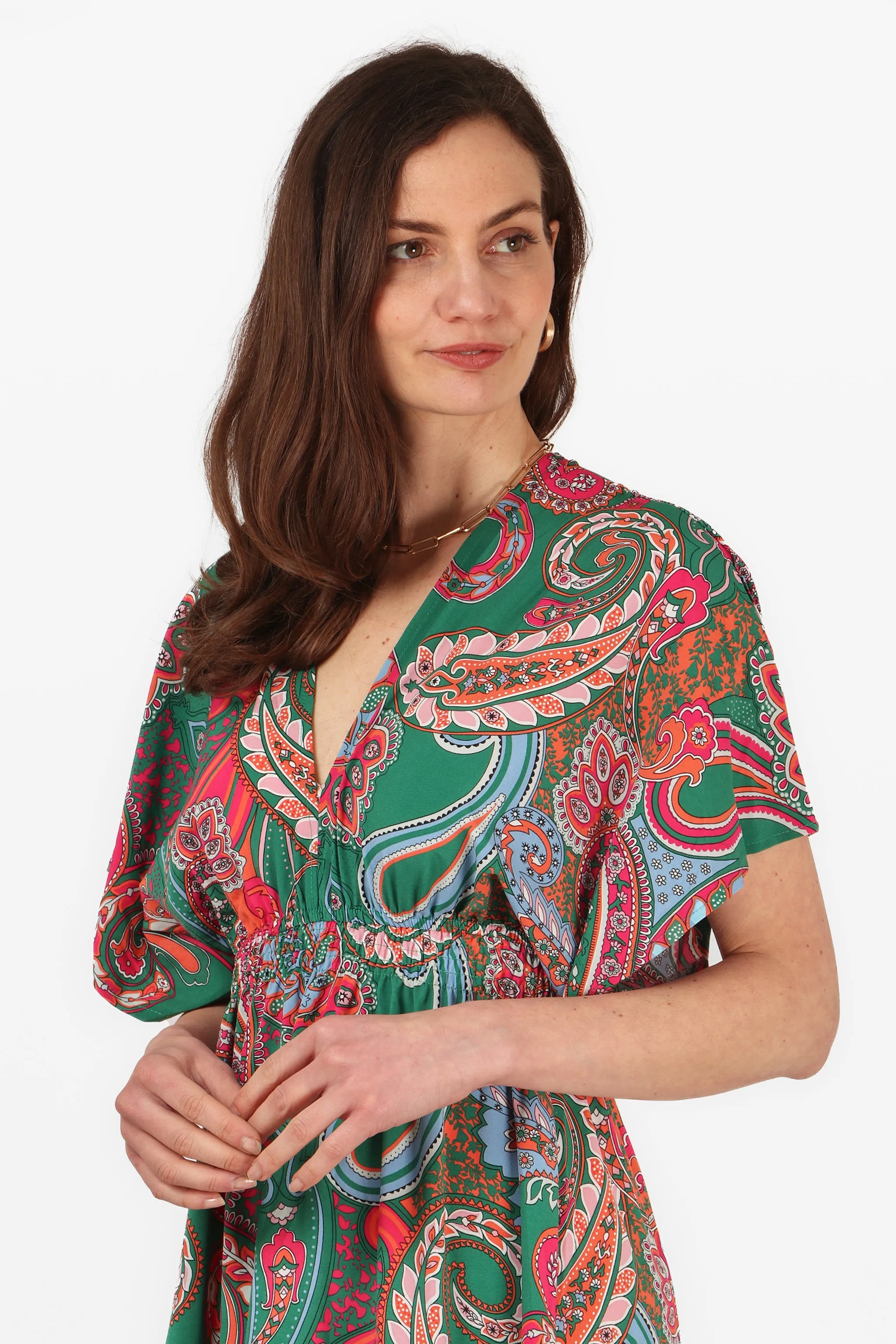 Paisley Print Maxi Kaftan Dress in Green
