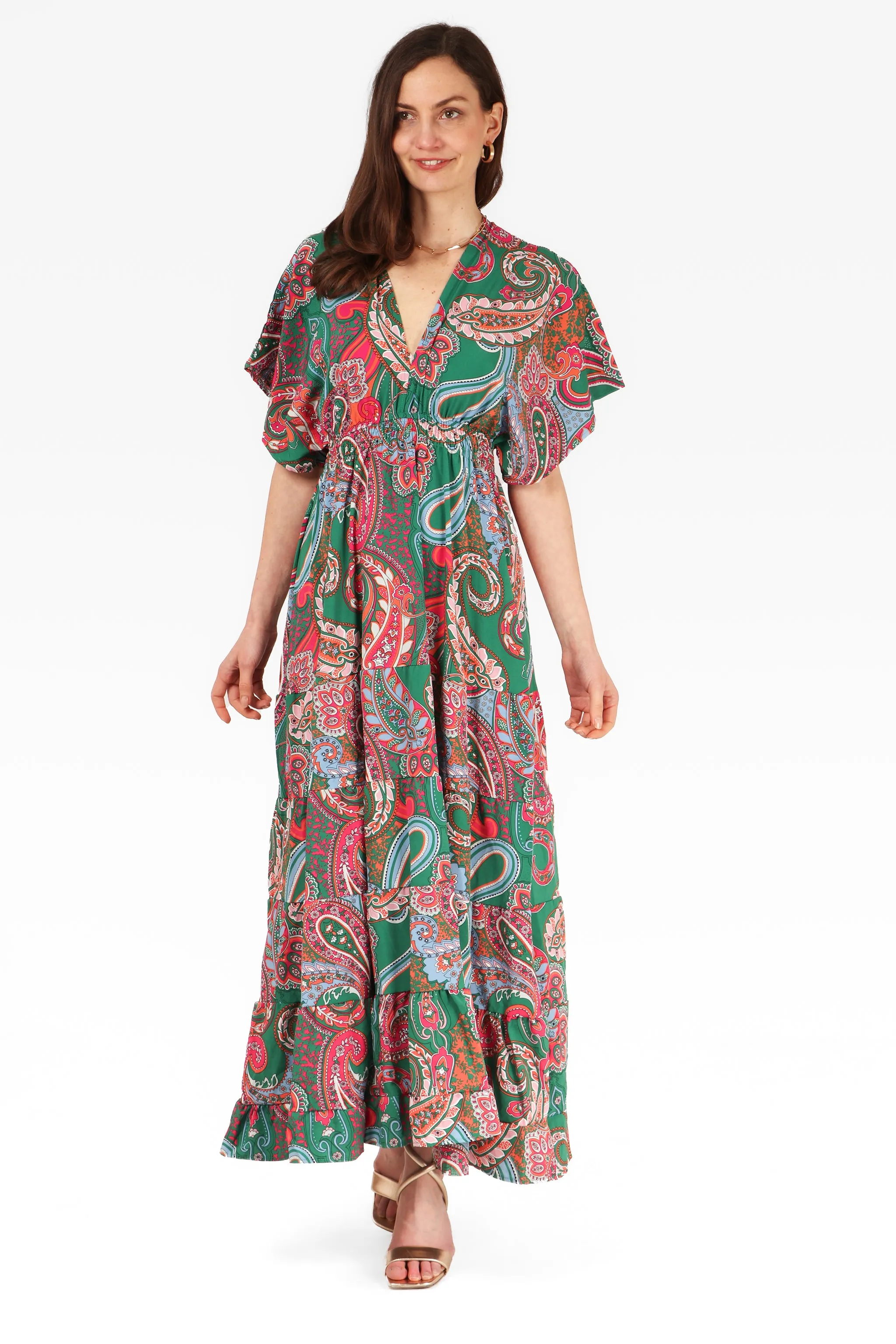 Paisley Print Maxi Kaftan Dress in Green