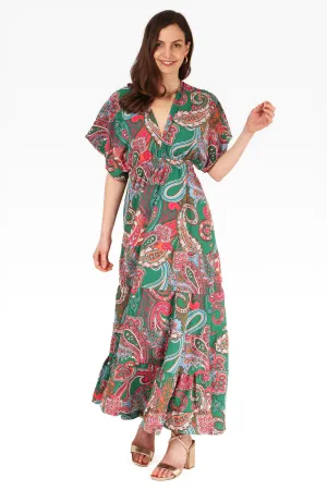 Paisley Print Maxi Kaftan Dress in Green