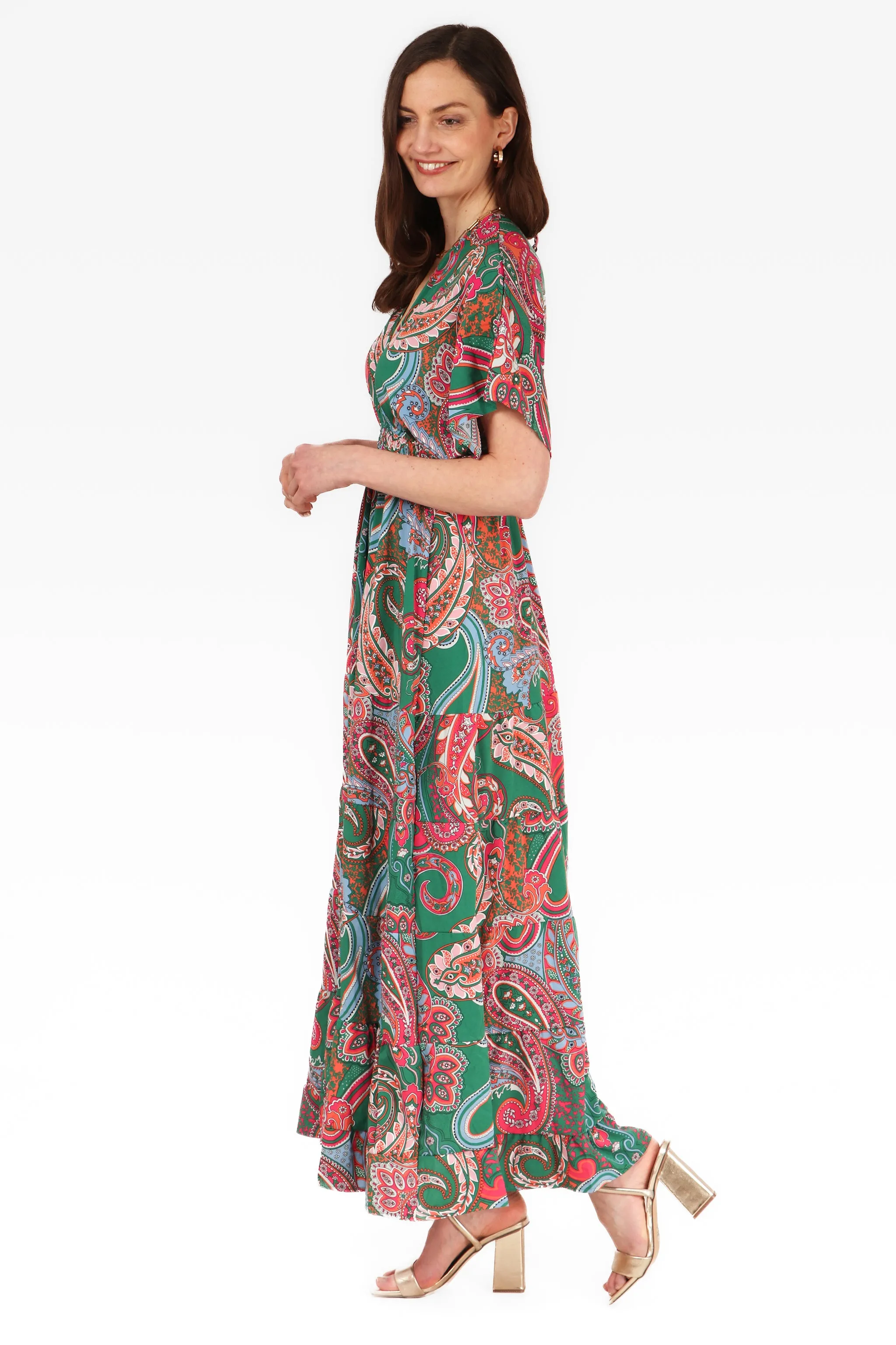 Paisley Print Maxi Kaftan Dress in Green