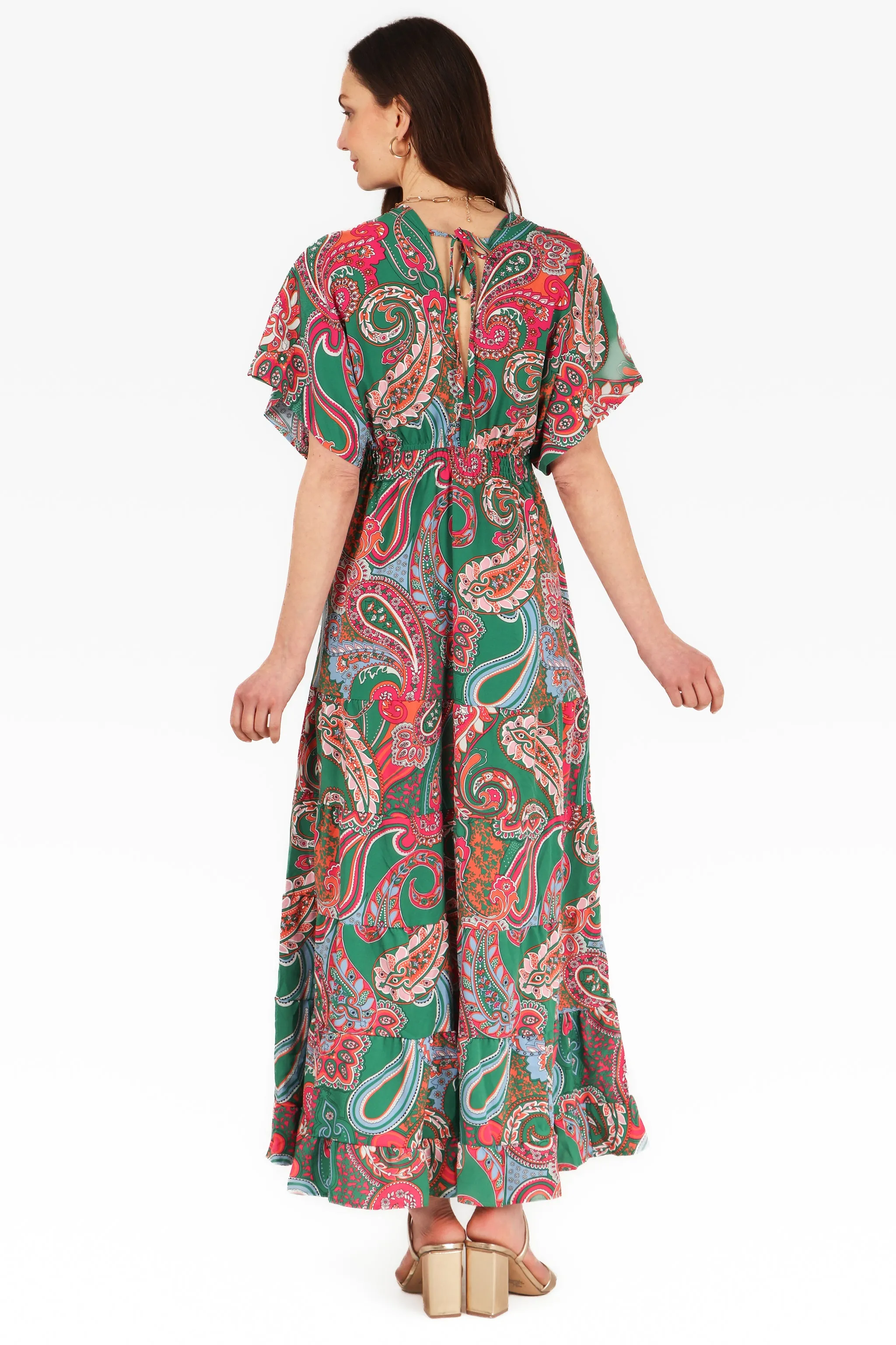 Paisley Print Maxi Kaftan Dress in Green