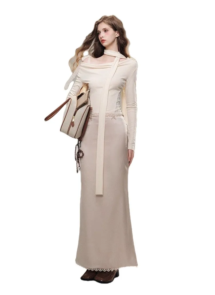'Pearlescent Luster' Shimmer Acetate Maxi Skirt In Beige