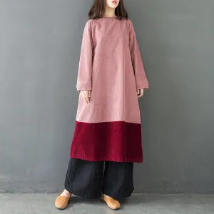 Pink Quilted Corduroy Maxi Dresses Women Spring Casual Clothes Q30018