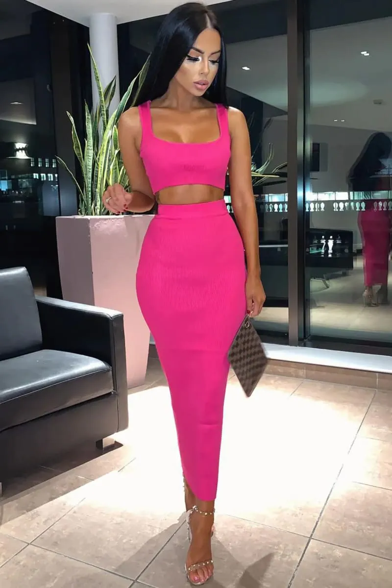 Pink Ribbed Maxi Two Piece Crop Top Skirt Set