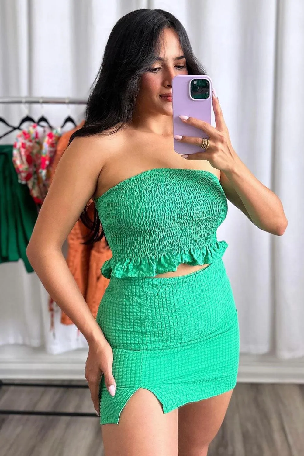 Plaid Quilted Front Leg Slit Skirt & Strapless Crop Top Set