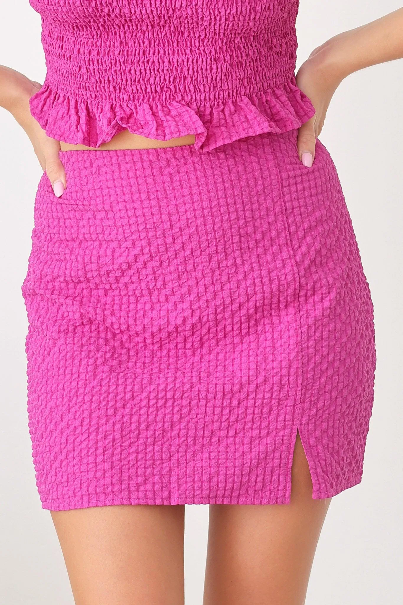 Plaid Quilted Front Leg Slit Skirt & Strapless Crop Top Set