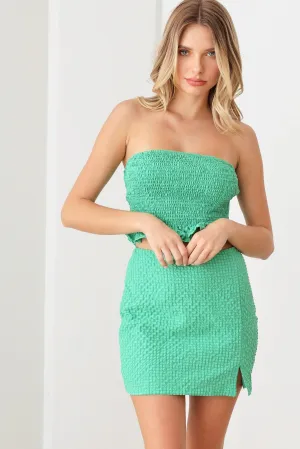Plaid Quilted Front Leg Slit Skirt & Strapless Crop Top Set