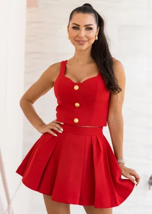 Pleated Skater Skirt & Corset Top Set - Bright Red