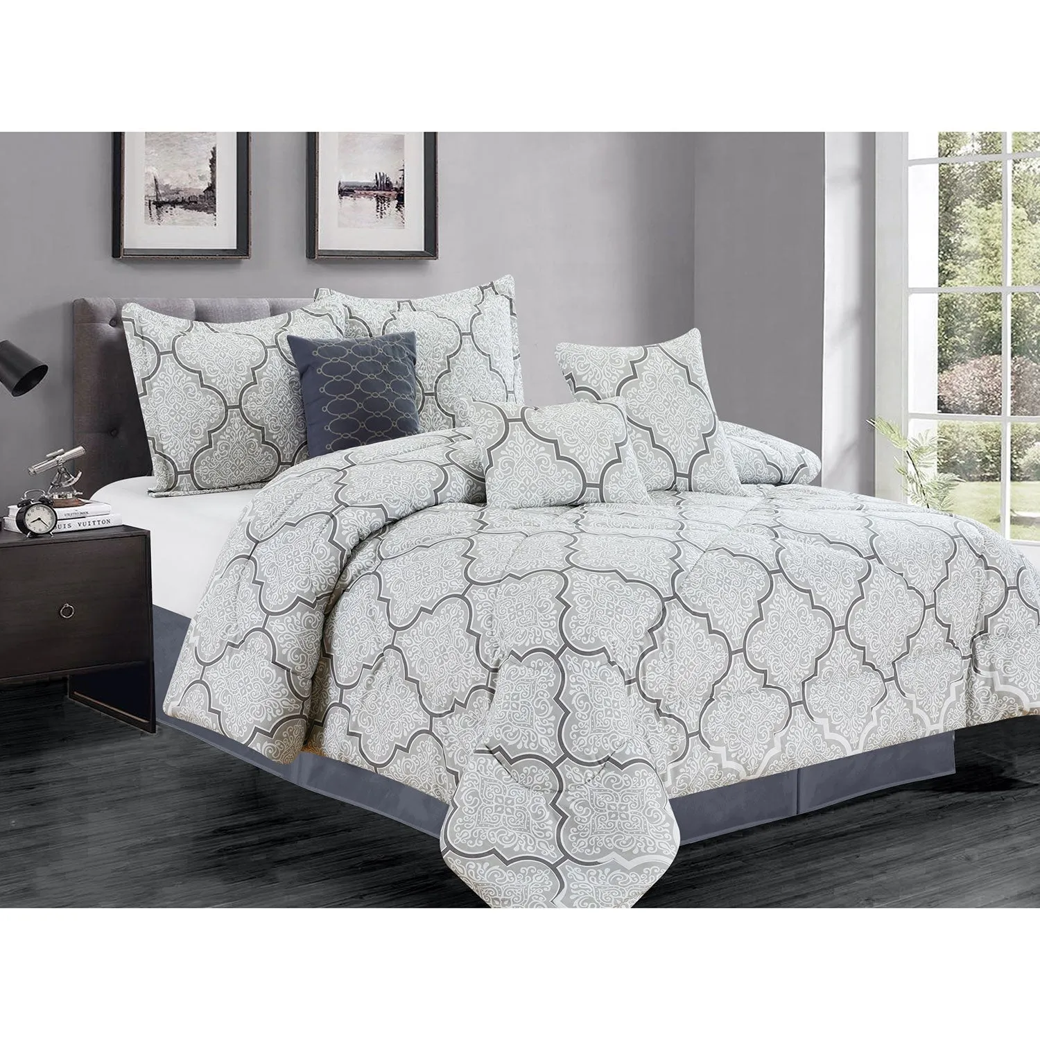 Premius Adam 7 Piece Oversized Comforter Set, Light Grey