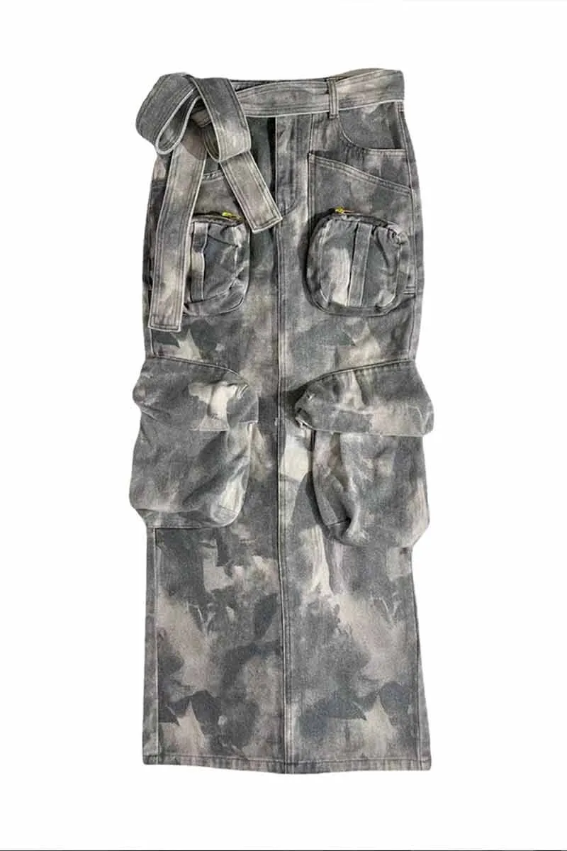 QI669 Niche Camouflage Denim Maxi Skirt