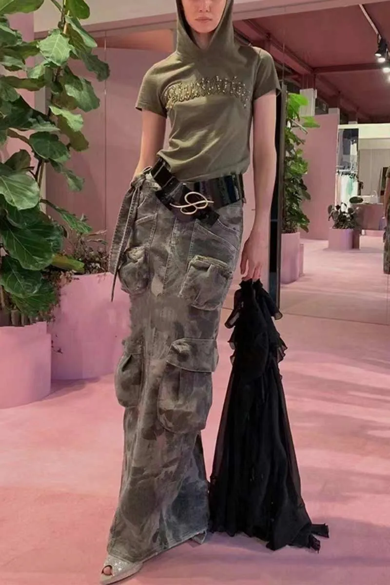 QI669 Niche Camouflage Denim Maxi Skirt