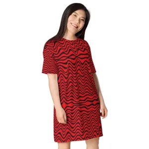 Red Black Wavy T-Shirt Dress, Abstract Waves Women's Short Sleeves Designer Dress-Made in USA/EU