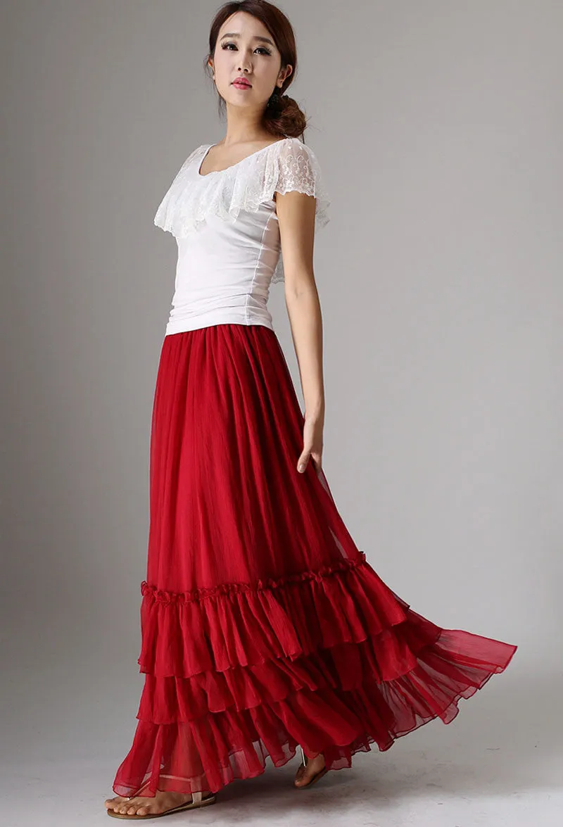 Red tiered maxi chiffon skirt for women 0985#