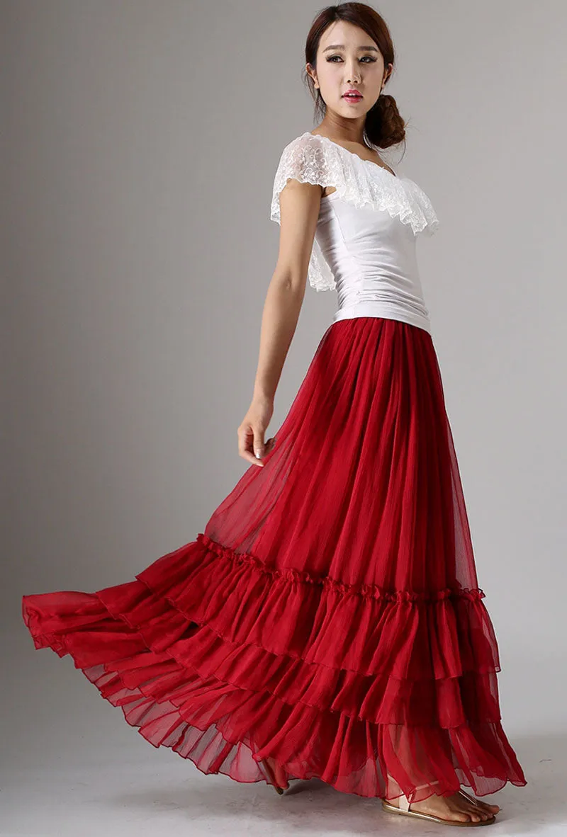 Red tiered maxi chiffon skirt for women 0985#