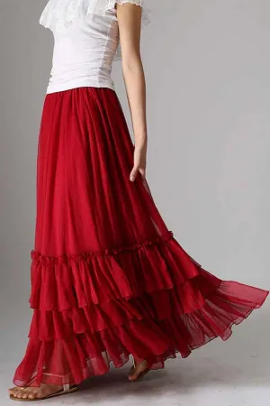 Red tiered maxi chiffon skirt for women 0985#