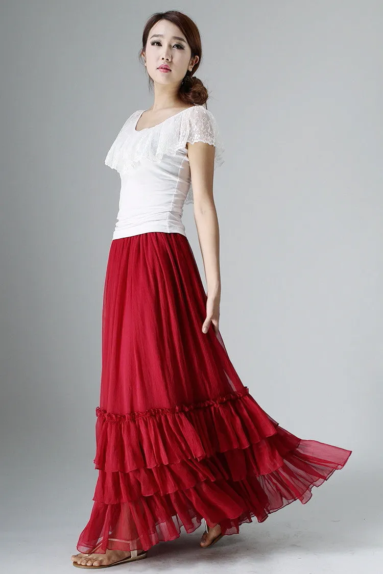 Red tiered maxi chiffon skirt for women 0985#