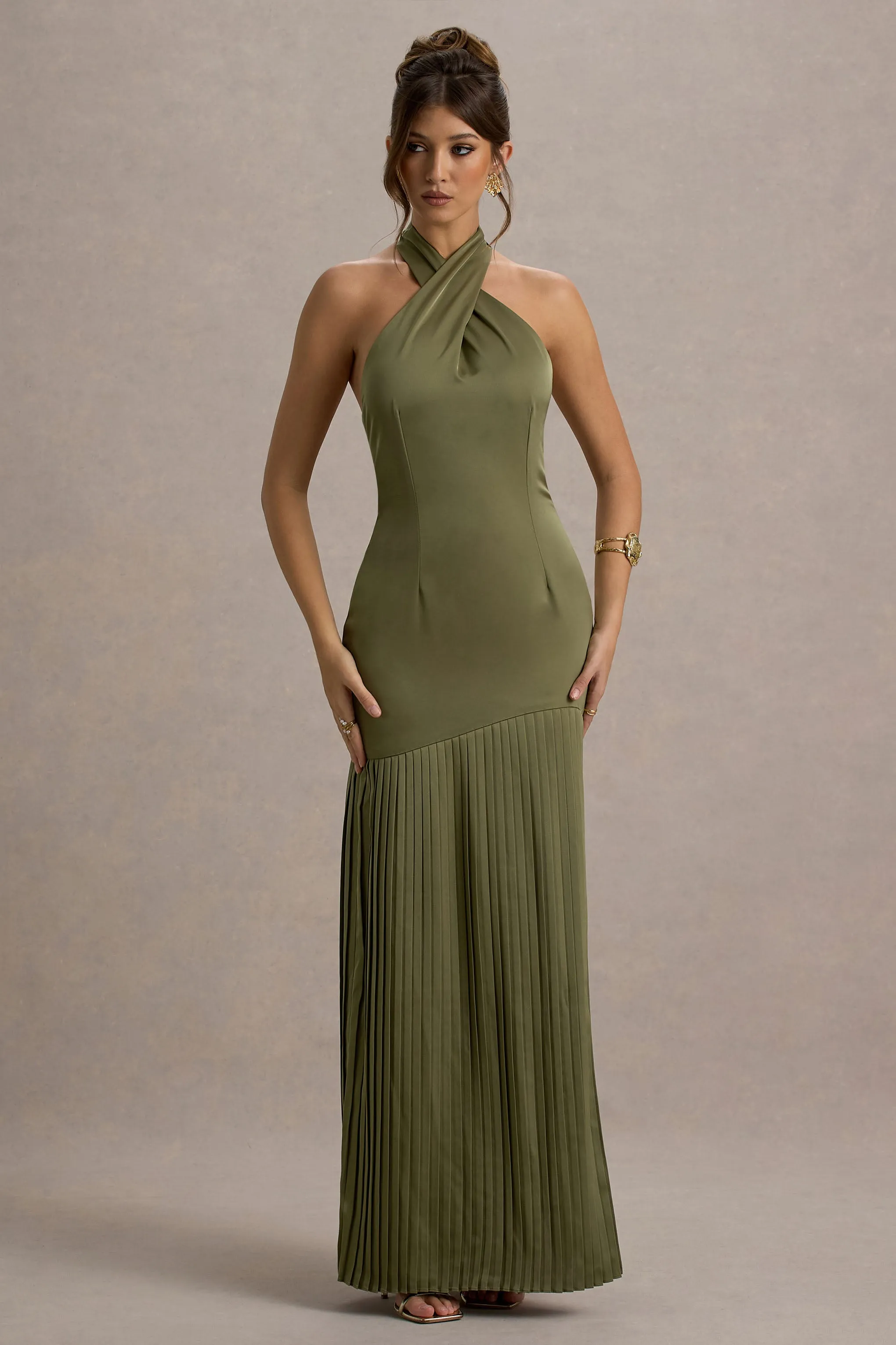 Sansa | Khaki Satin Cross Halter-Neck Plisse Maxi Dress