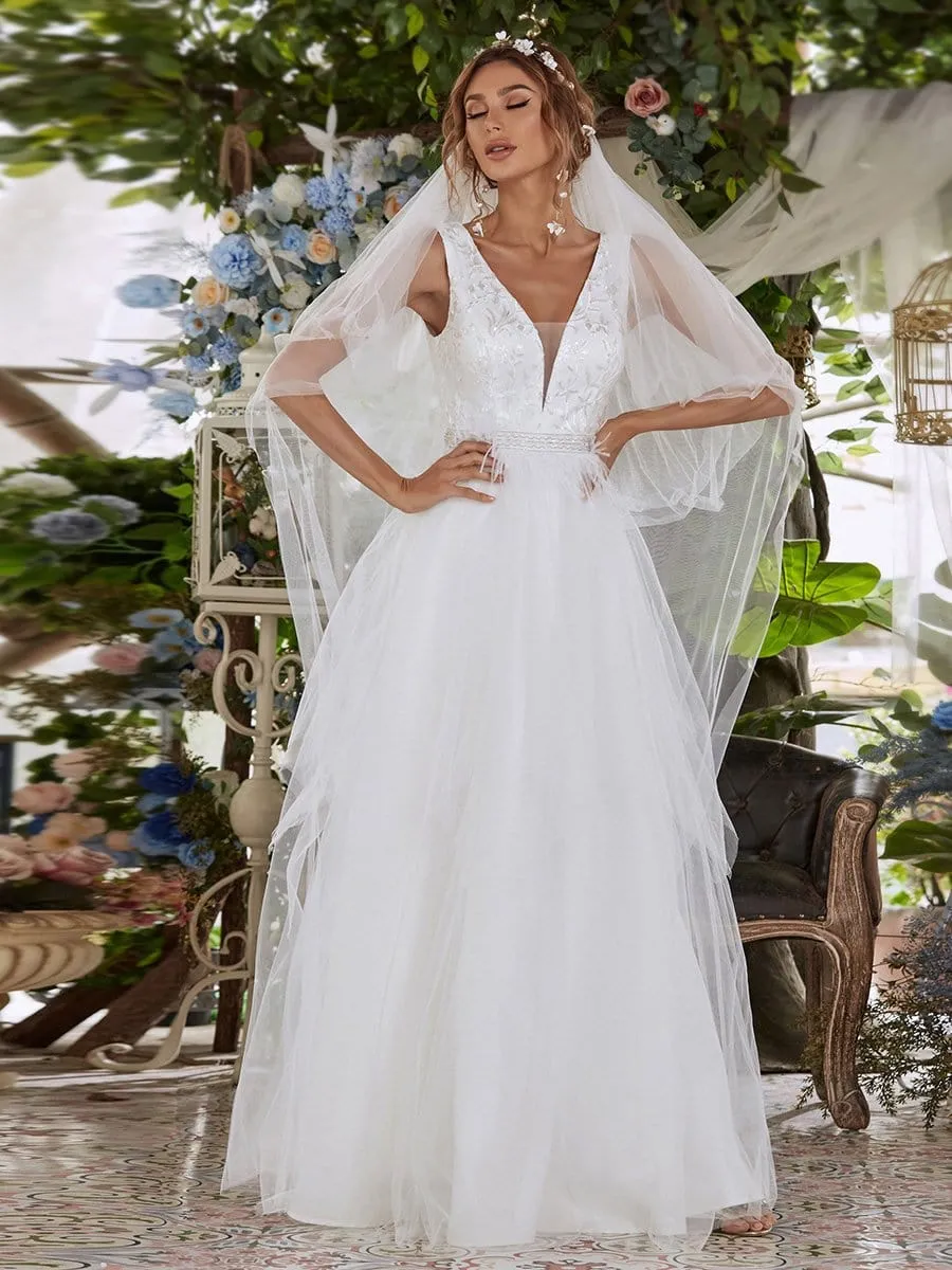 Sleeveless Double V Embroidered Tassel Waist Tulle Wedding Dress