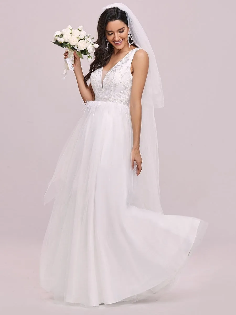 Sleeveless Double V Embroidered Tassel Waist Tulle Wedding Dress
