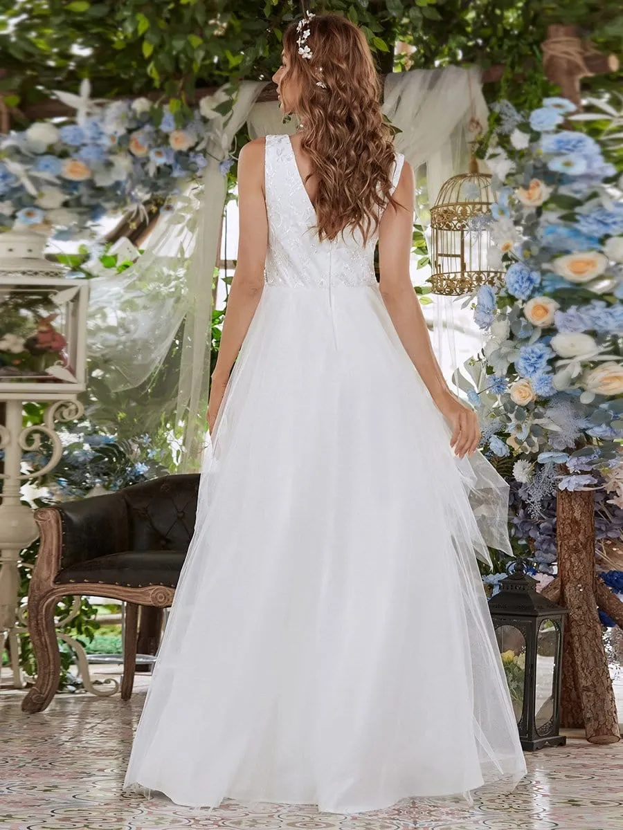 Sleeveless Double V Embroidered Tassel Waist Tulle Wedding Dress
