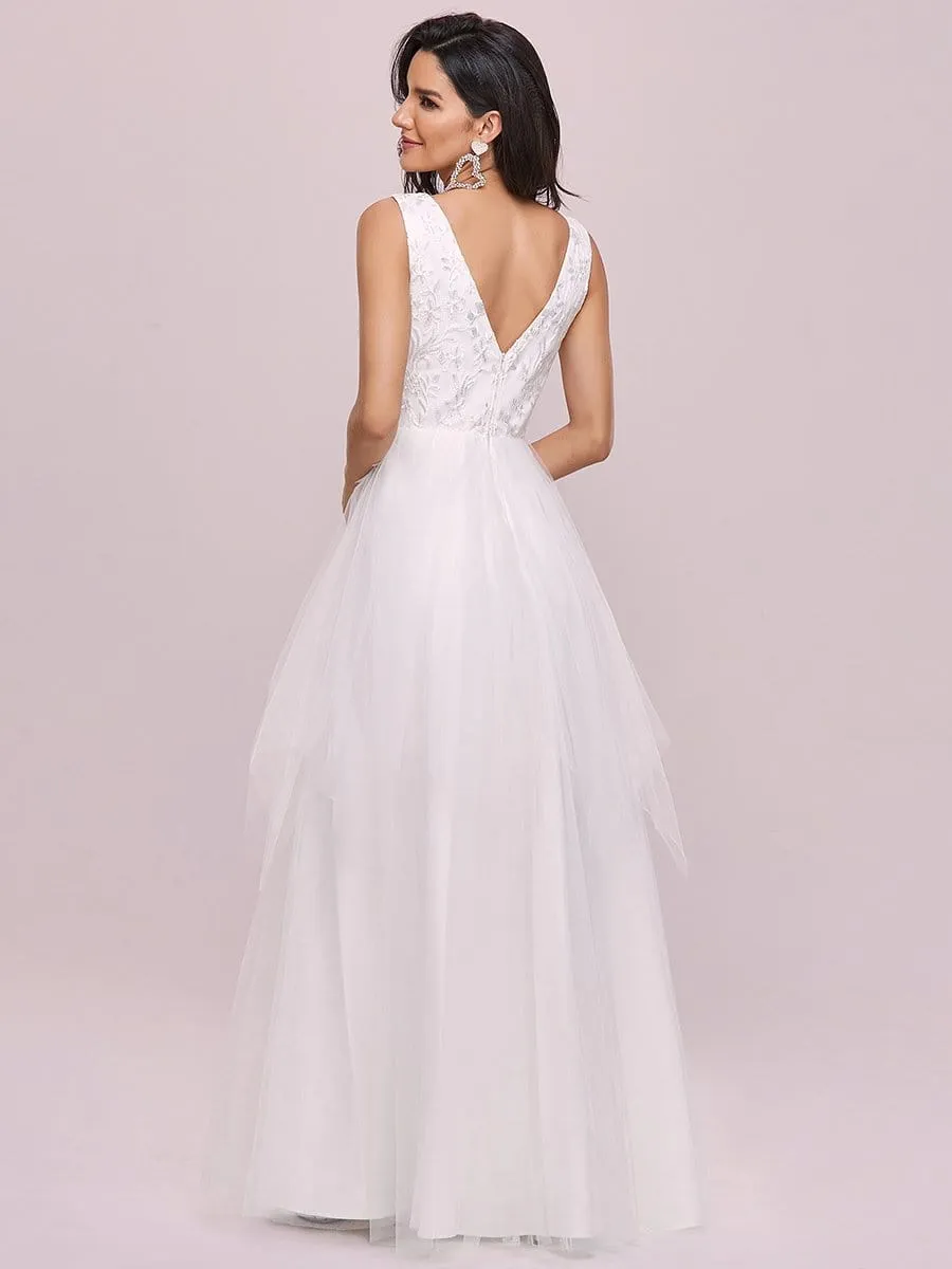 Sleeveless Double V Embroidered Tassel Waist Tulle Wedding Dress