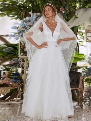 Sleeveless Double V Embroidered Tassel Waist Tulle Wedding Dress